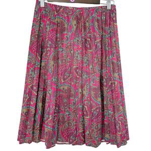 Vintage Jewel Tone Paisley Pleated Midi Skirt Elastic Waist Boho